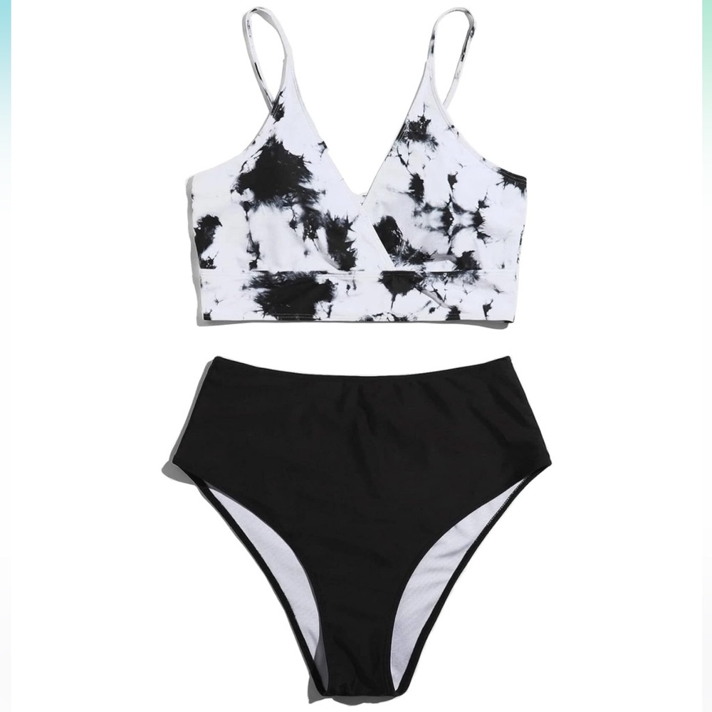 BARTNA Tie Dye High Waist Bikini Swimsuit Black and White Plus Size
